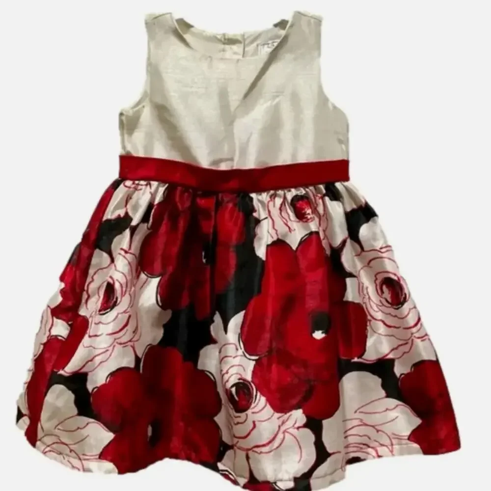 Gymboree Red Cream Floral Red Bow Dress Size 12/18 Month’s